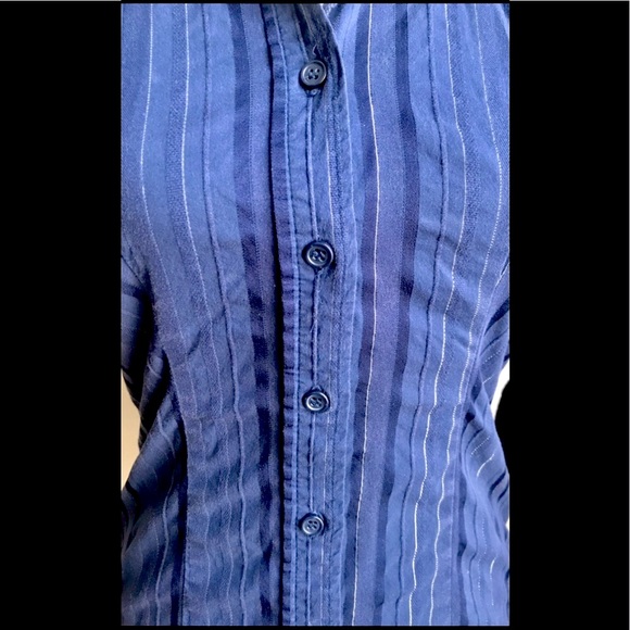 Navy Blue & Silver Striped Stretch 3/4 Sleeves Button Up Top, XS - Picture 3 of 5